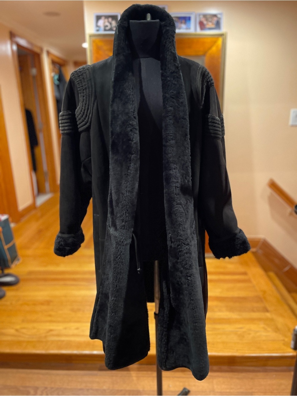 Black Fur Shearling Long Coat with Quilted Shoulder Detail